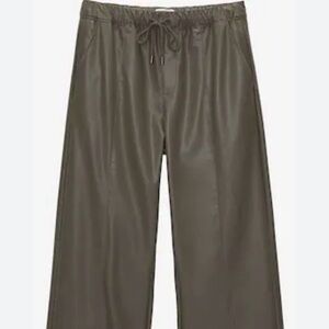 Pull&Bear Faux Leather Pants Women Medium Olive Green Wide Leg Pull On Like New